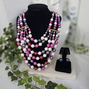 Vintage Multi Color Multi Strand Necklace and Earrings Set